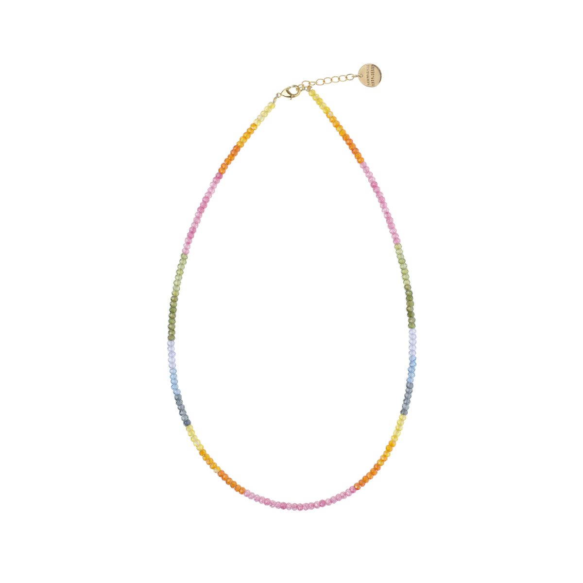 Collier court Mademoiselle Antoinette en perles de verre facetté avec un dégradé arc-en-ciel multicolore (rose, jaune, orange, vert, bleu)