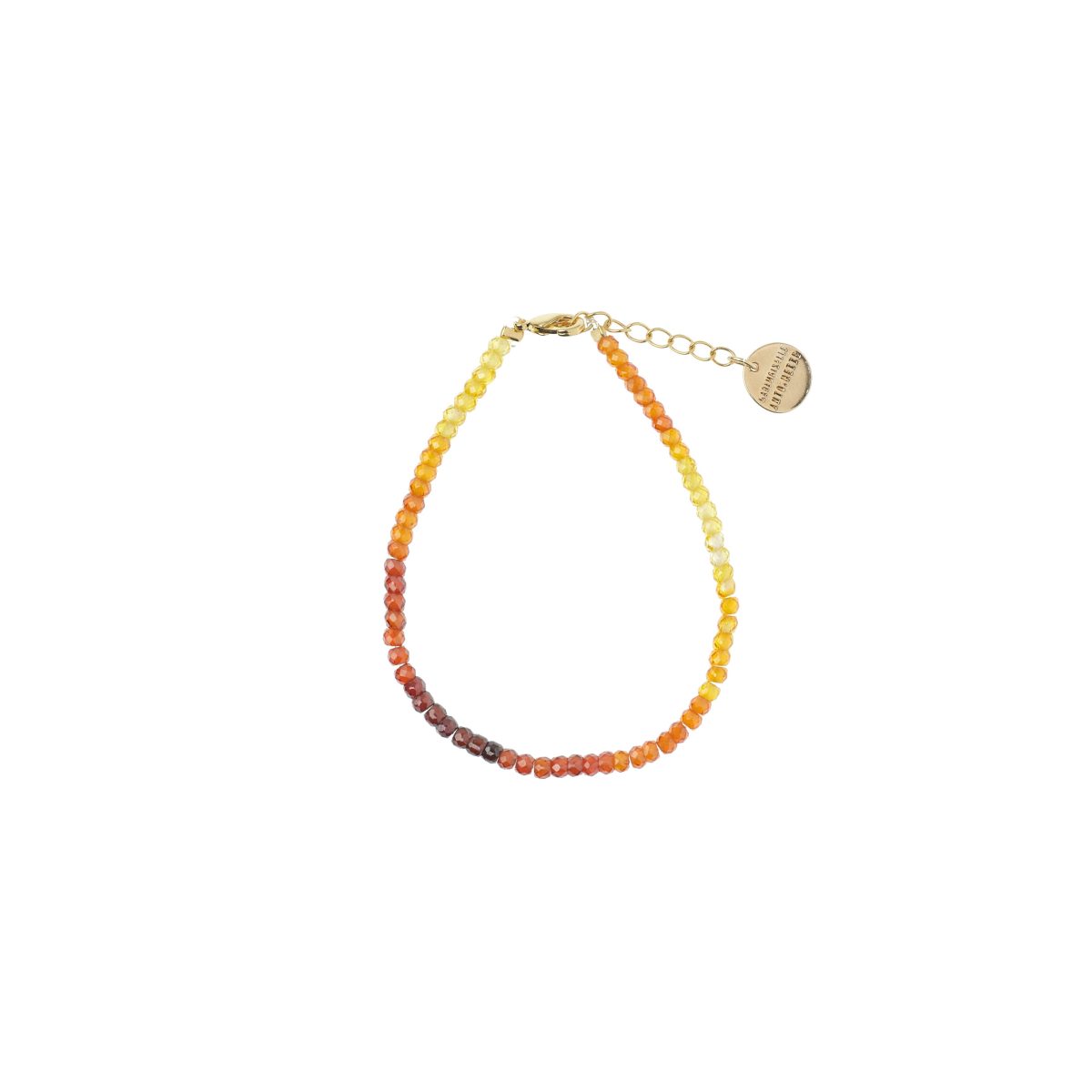 Bracelet fin Mademoiselle Antoinette en perles de verre facetté avec un dégradé tie and dye allant du jaune au orange foncé, doré à l'or fin.