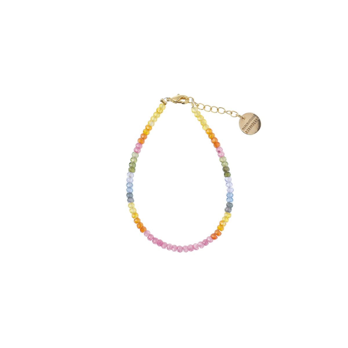 Bracelet fin multicolore Mademoiselle Antoinette en perles de verre facetté avec dégradé arc-en-ciel et médaille dorée à l'or fin.