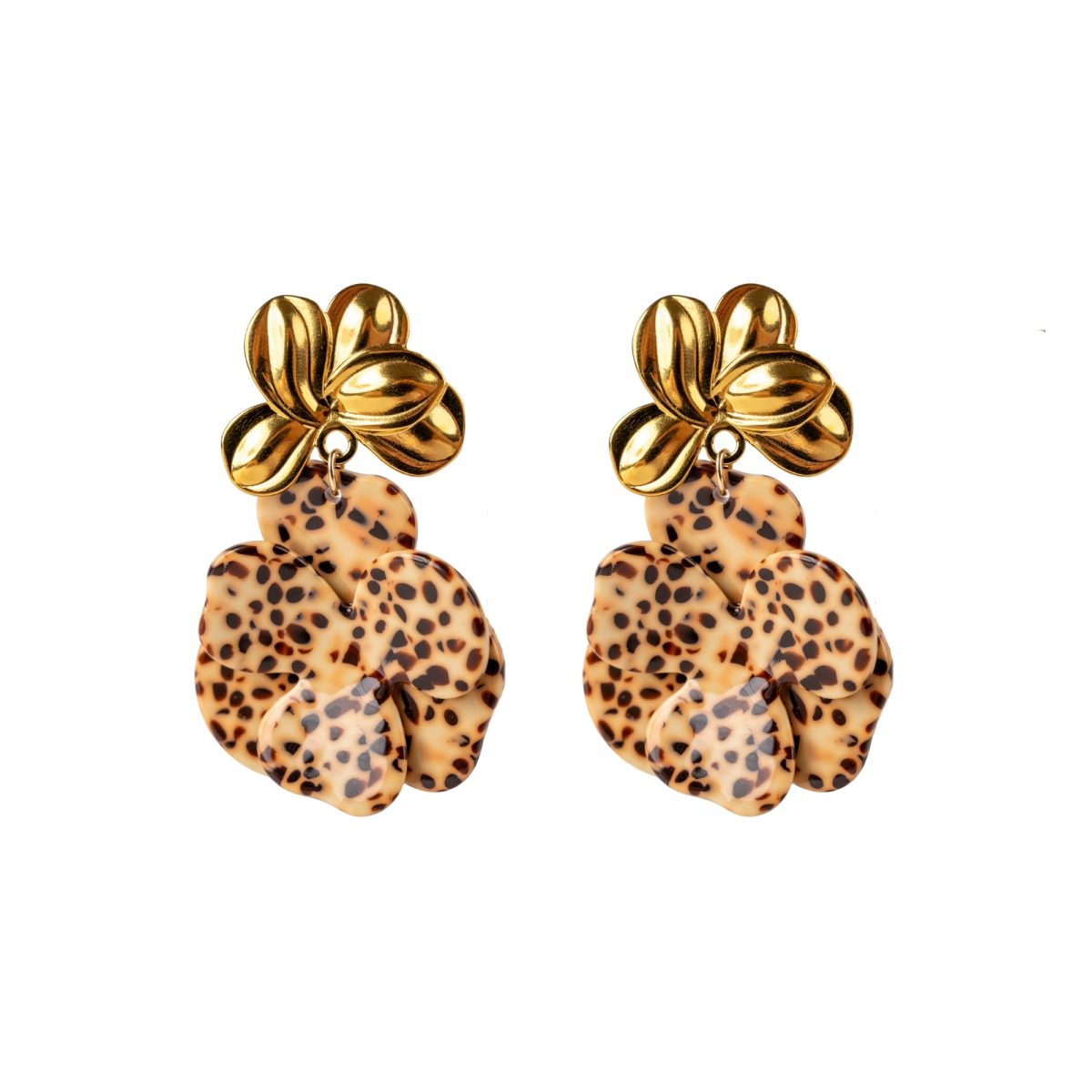 Boucles d'oreilles pendantes Capu Mademoiselle Antoinette en acier inoxydable et anneau acétate motif dalmatien noir et blanc.