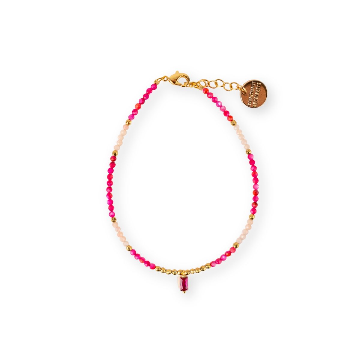 Bracelet California Mademoiselle Antoinette en perles de nacre fuchsia et orange avec une calcédoine centrale et dorure or fin.