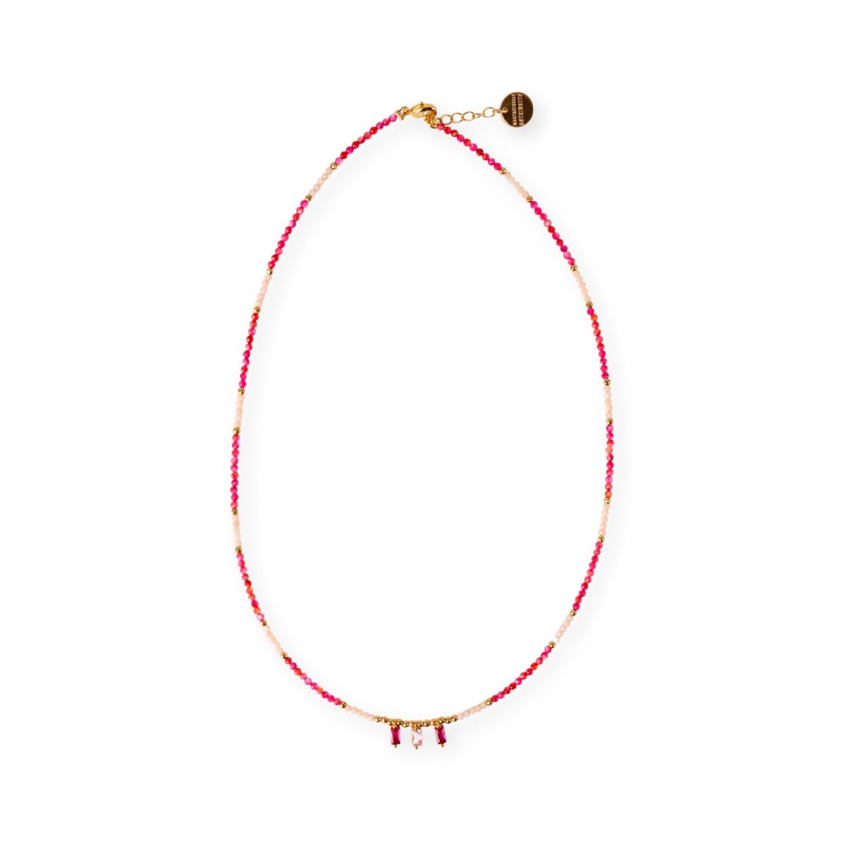 Collier California Mademoiselle Antoinette en nacre rose fuchsia et calcédoine avec trois pendentifs centraux en verre rose facetté.