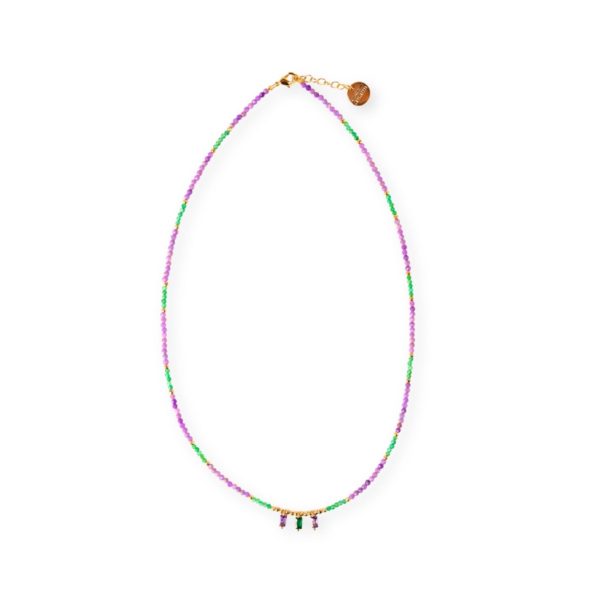 Collier California Mademoiselle Antoinette en perles de phosphosidérite lilas et calcédoine verte avec trois pendentifs en verre facetté.