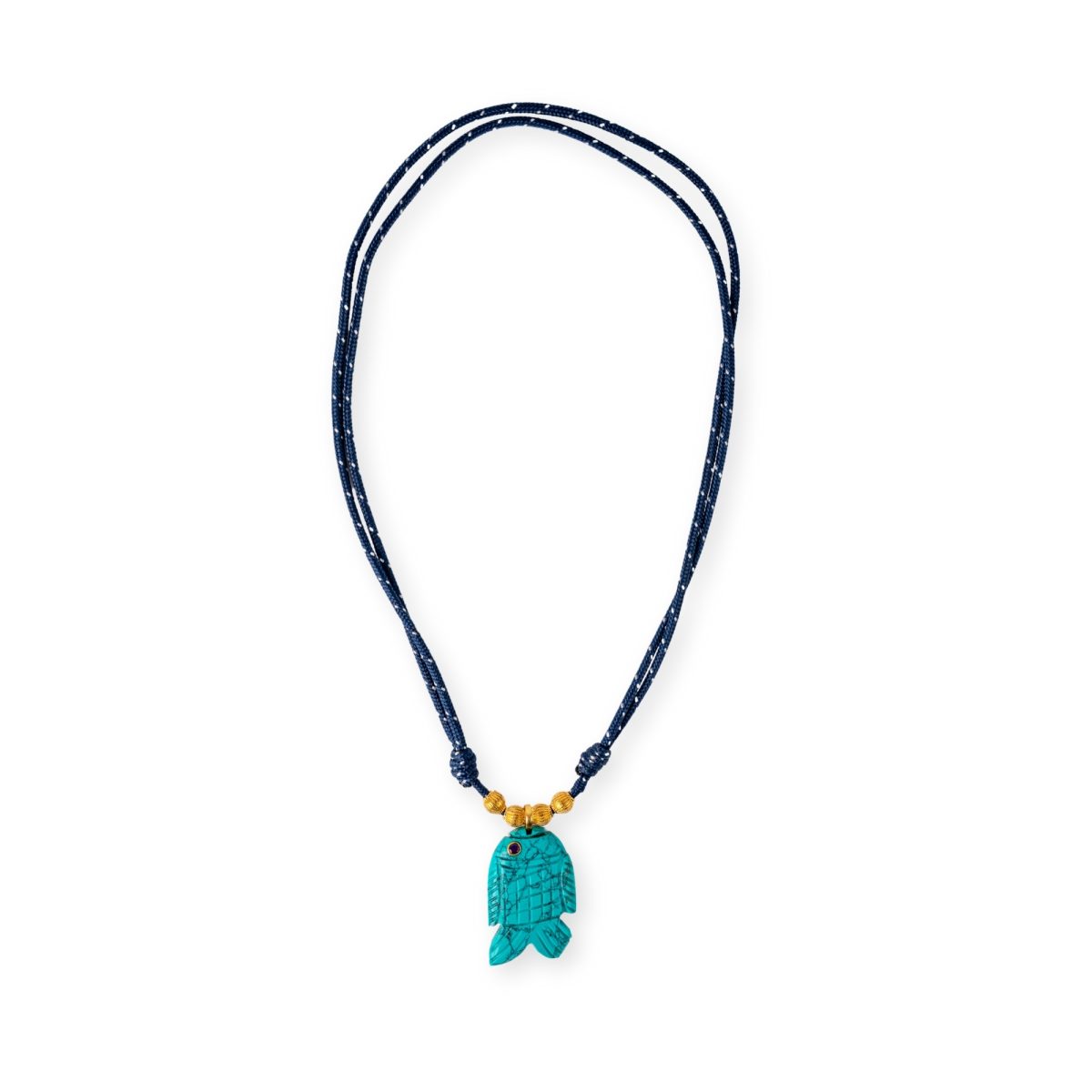 Collier ajustable Ipanema avec pendentif poisson turquoise et cordon bleu marine.