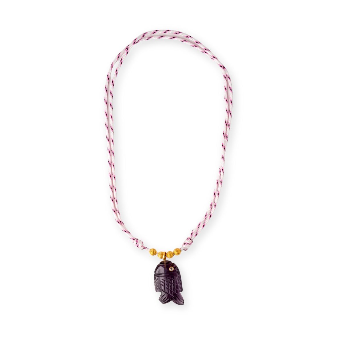 Collier ajustable Ipanema avec pendentif poisson en améthyste violette et cordon tressé rose et blanc.