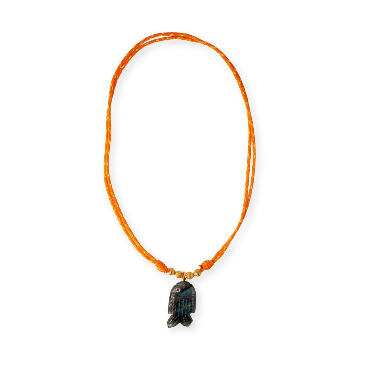 Collier ajustable poisson en labradorite grise sur cordon orange néon.