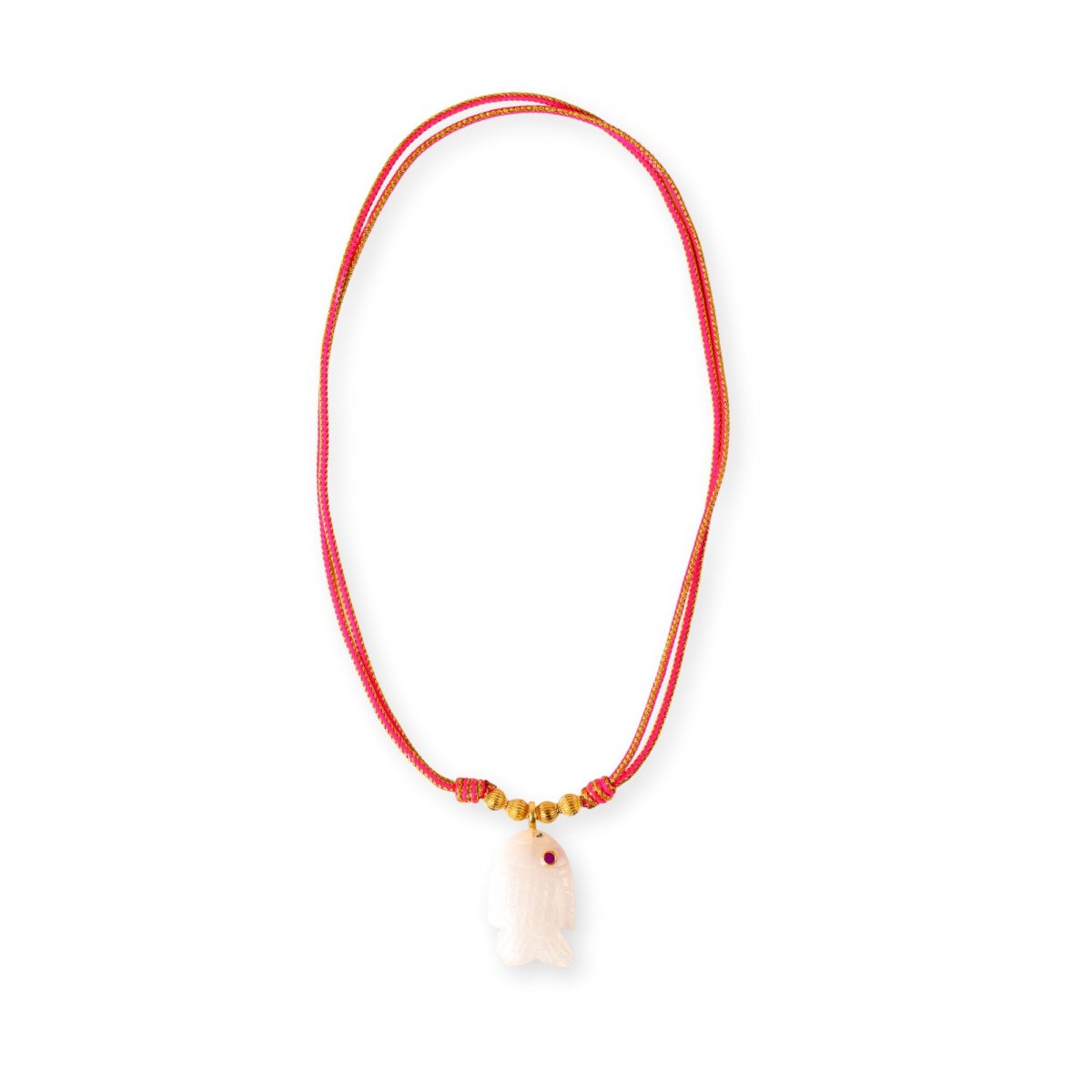 Collier ajustable poisson quartz blanc sur cordon rose fluo.