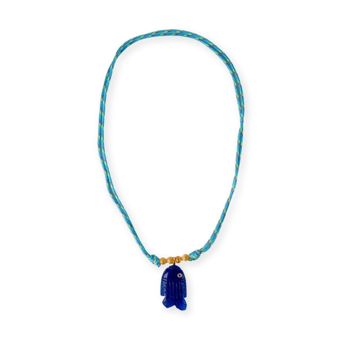 Collier ajustable Ipanema avec poisson en lapis-lazuli bleu roi et cordon bicolore turquoise et vert, détails dorés.