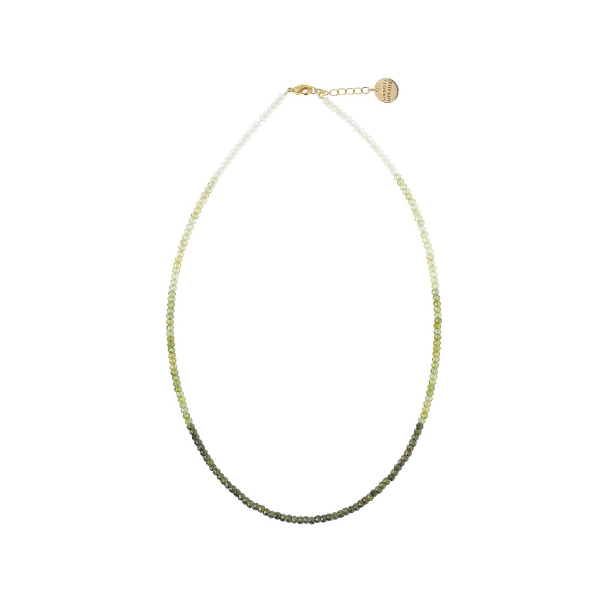Collier court Mademoiselle Antoinette en perles de verre facetté avec un dégradé de blanc à kaki foncé, finitions dorées à l'or fin.