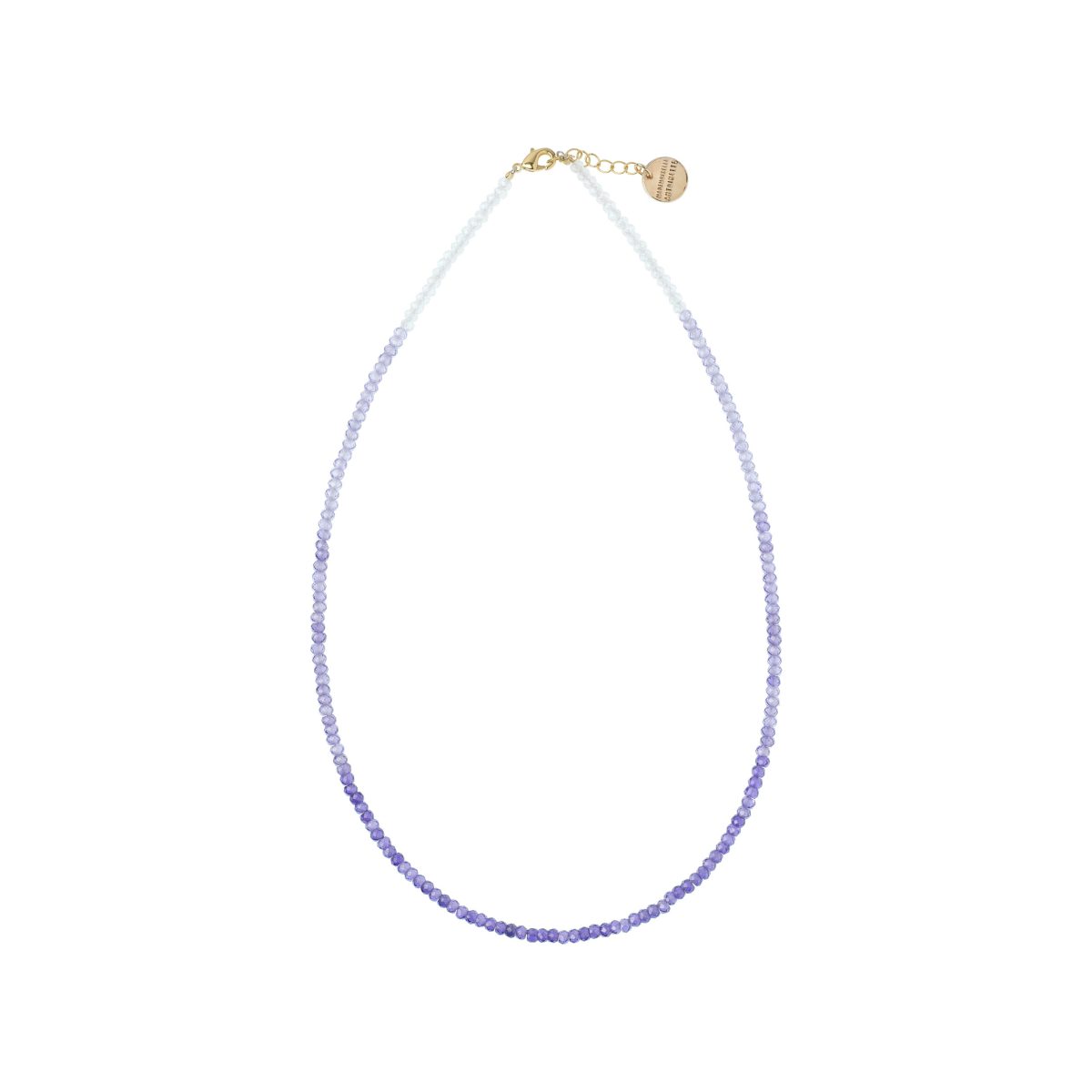 Collier court Mademoiselle Antoinette en perles de verre facetté avec un dégradé tie and dye allant du blanc au lilas et violet foncé.