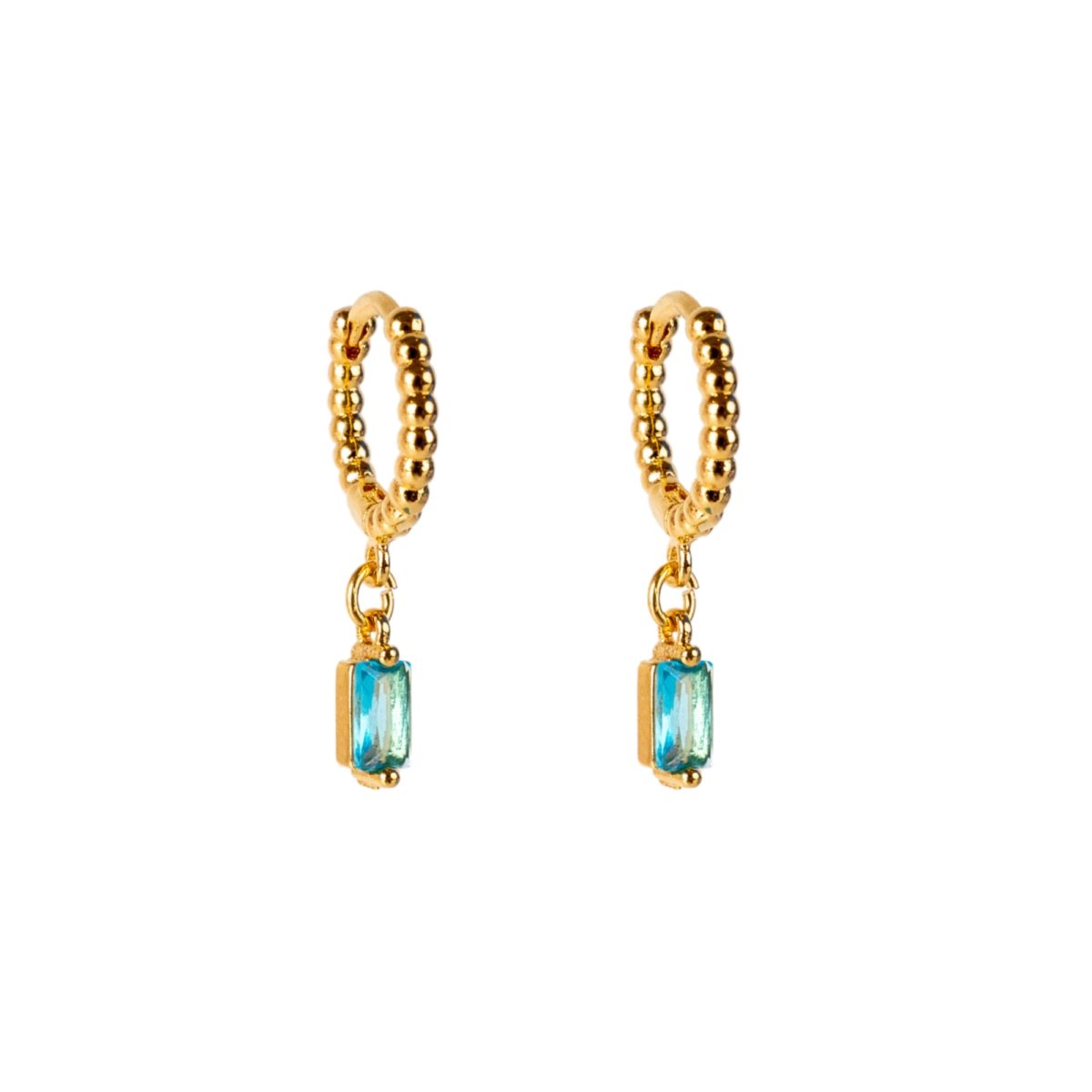 Boucles d'oreilles mini créoles perlées California Mademoiselle Antoinette dorées à l'or fin avec pendentif verre bleu ciel.