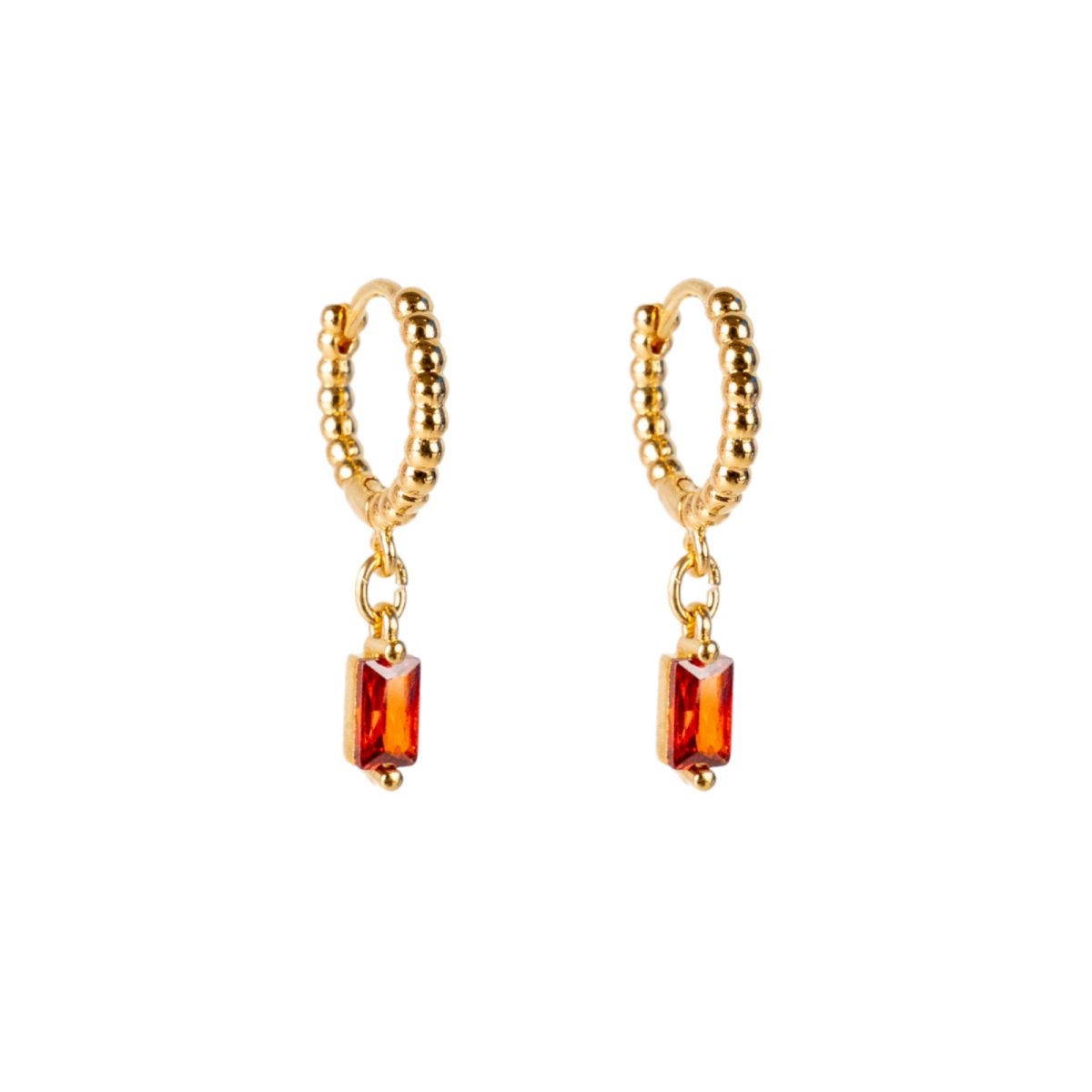 Boucles d'oreilles mini créoles perlées California Mademoiselle Antoinette en laiton doré à l'or fin avec pendentif verre orange vif.