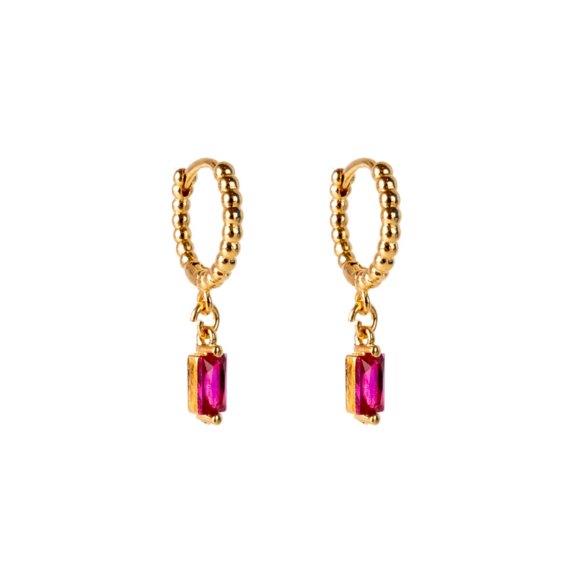 Boucles d'oreilles mini créoles perlées California Mademoiselle Antoinette dorées à l'or fin avec pendentif verre rose fuchsia.