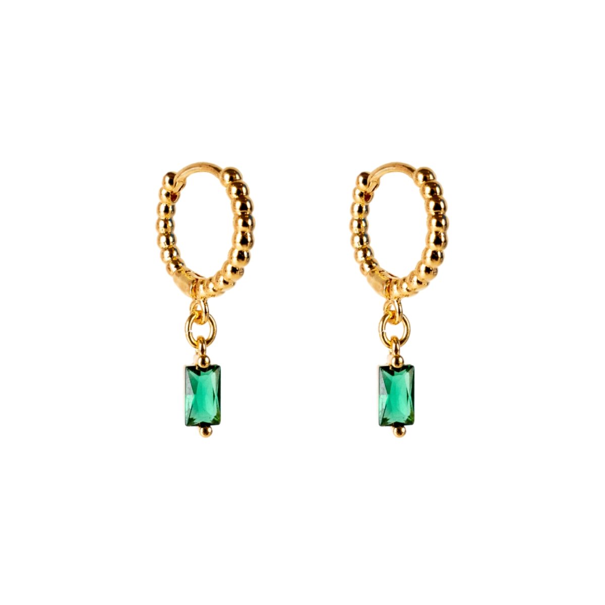 Boucles d'oreilles mini créoles perlées California Mademoiselle Antoinette dorées à l'or fin avec pendentif verre vert émeraude.