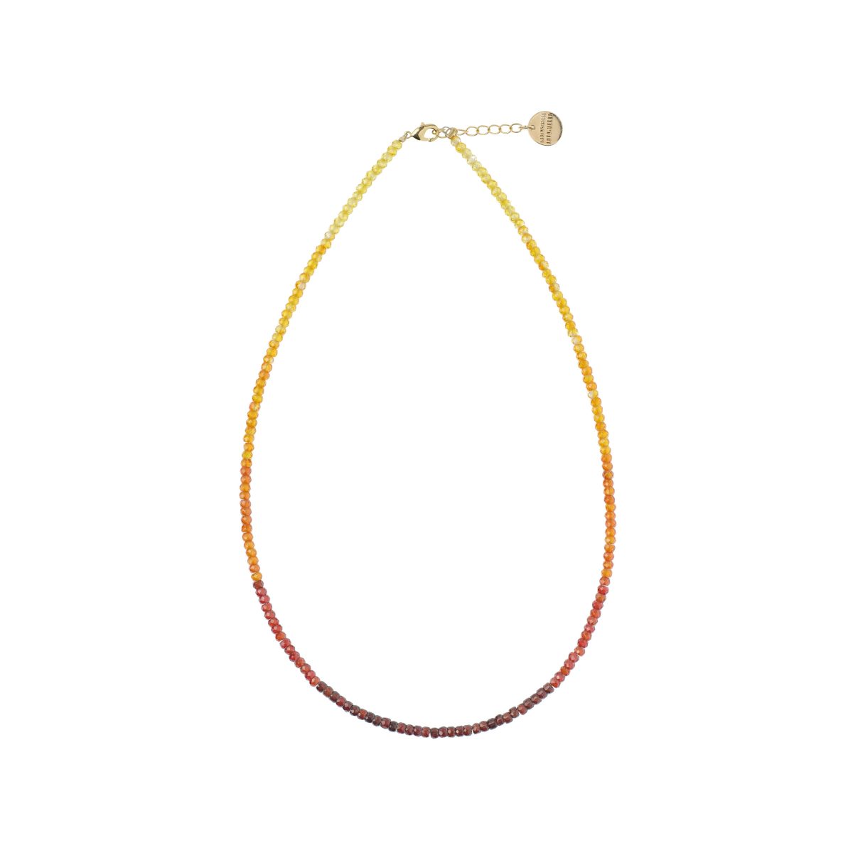 Collier court Mademoiselle Antoinette en perles de verre facetté avec un dégradé tie and dye allant du jaune au orange et rouge feu.